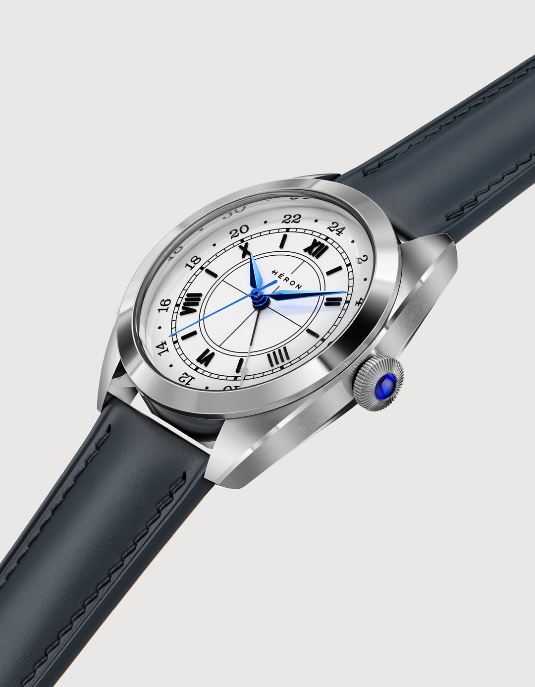An angled view of the white sector dial and blue GMT details.